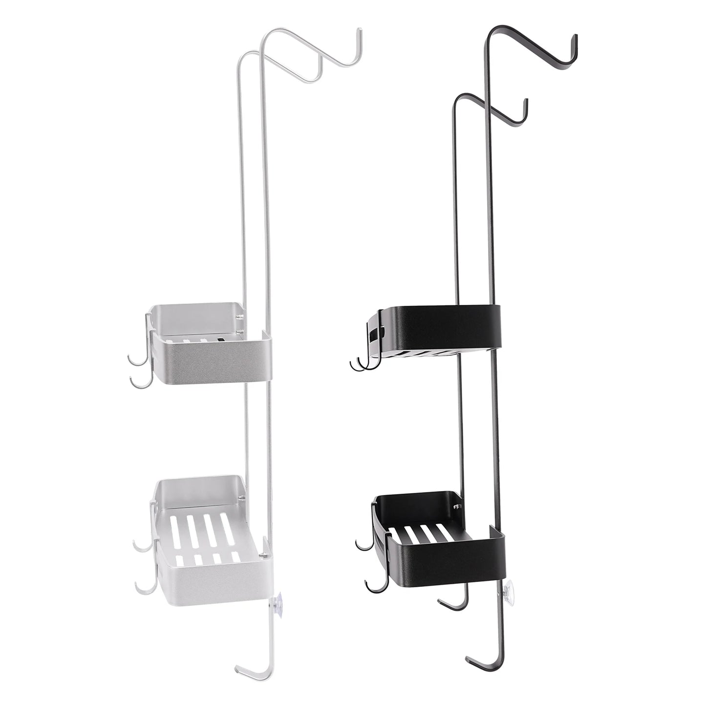 2-stufiges Badezimmerregal, hängendes Duschregal, silberfarbenes/schwarzes Regal, 6 Haken für Badezimmer, Küche, Wohnzimmer