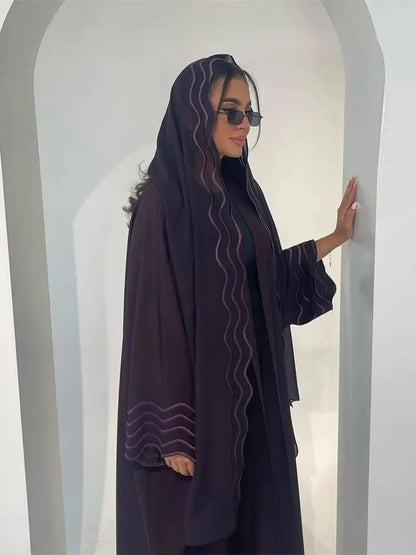 Ramadan Eid Women Gray Black Dubai Khimar Abaya Islam Muslim Kimono Hijab Dress Set Kebaya Kaftan Djellaba Robe Femme Musulmane.