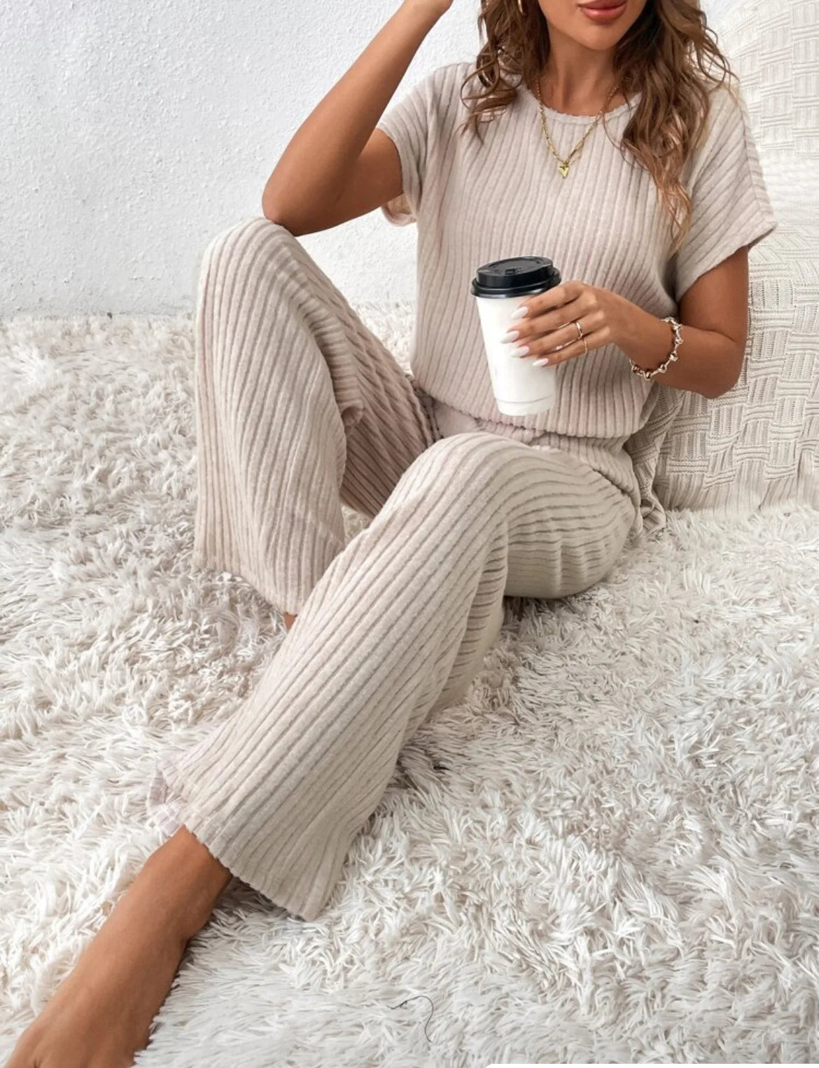 Two Piece Pant Sets Women Straight Pants Tops Pullover Short Sleeve Round Neck Spliced Top Solid Casual Streetwear Summer