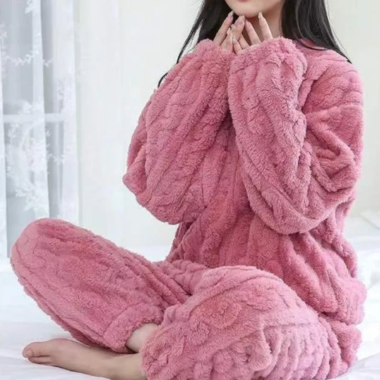 Herbst Winter Lose Süße Casual Pyjamas frauen Set Dicke Fleece Wolle Langarm Top Hause Elastische Taille Lange Hosen Hosen