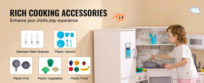 SucceBuy Corner Wooden Play KitchenToys Set Children Kitchenware toys with Lights & Sounds for Kids Preschoolers Girls Gifts.