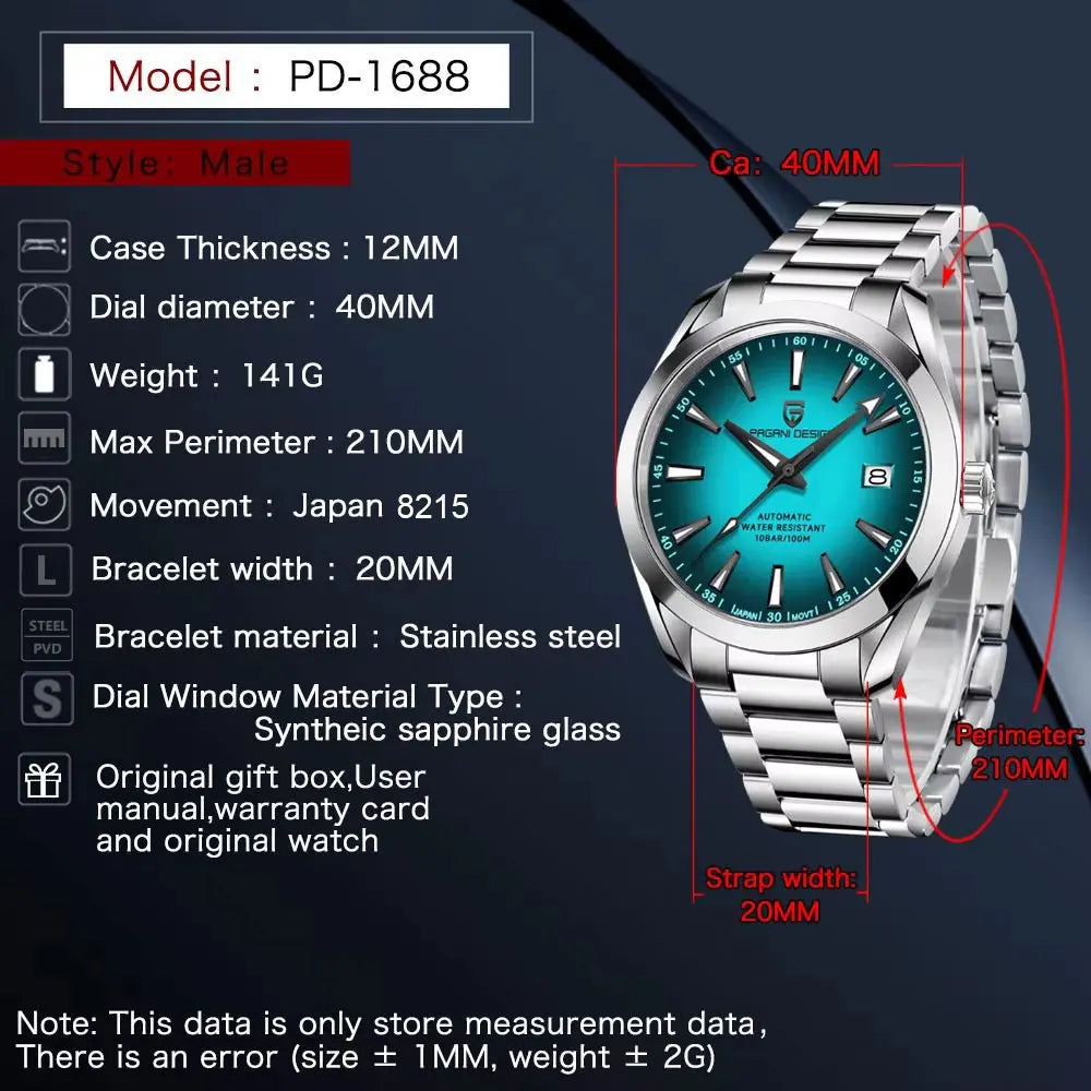 PAGANI DESIGN New Men Gift Watch Sapphire Glass 40mm Mechanical Wristwatch Stainless Steel 100M Waterproof Automatic Watches Men.