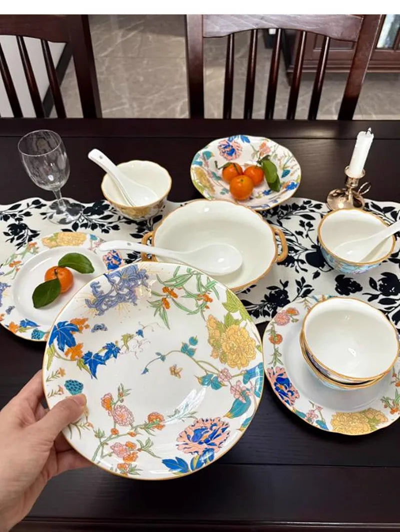 1PC Chinese-style Ceramic Plates New Flower-patterned Dinner Plates Ceramic Fruit Salad Plates Exquisite Kitchen Accessories.