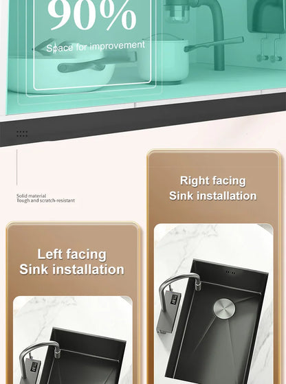 Black Stainless Steel Kitchen Sink Waterfall Sink dishwashing Basin Large Single Sink Household Sink Under The Counter Sink