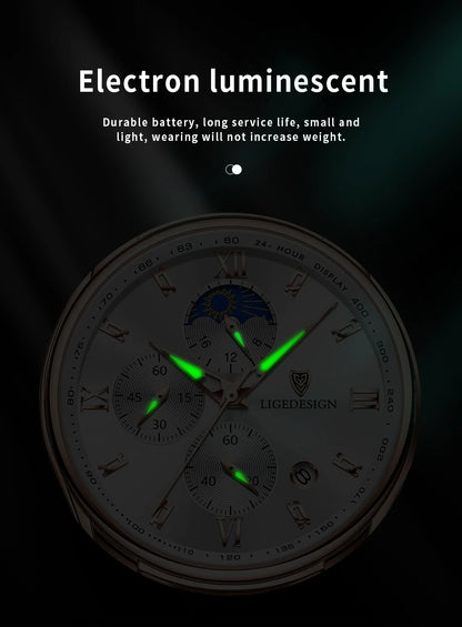 LIGE Luxury Fashion Women Watch Leather Strap Waterproof Casual Sport Quartz Wristwatch 24 hour Moon Phase Clock Watch for Women.