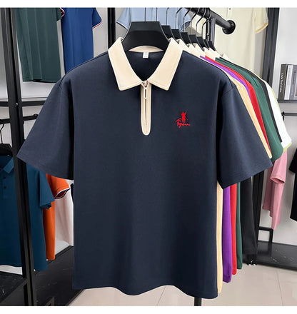 Luxury brand short sleeve polo shirt men's fashion Pony embroidered summer trendy breathable casual color blocked lapel T-shirt