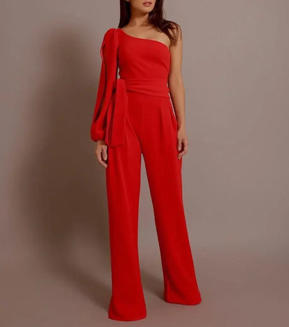 2024 Spring New Women's Single Shoulder High-waisted Belted Slimming Jumpsuit Amazon Cross-border Seller Sexy Smooth Silhouette.