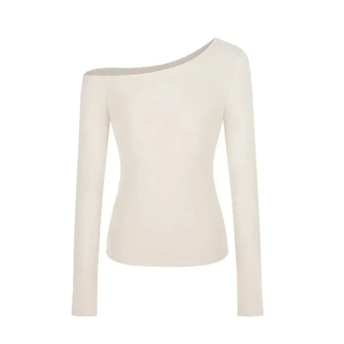 Spicy Girl Diagonal Shoulder Long Sleeve Women's T-shirt Base Layer Shirt Waist Inward Design Polo Collar Top.