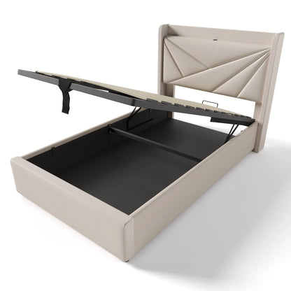 Polsterbett 90x200cm, Einzelbett mit USB Typ C Ladefunktion Kopfteil, Stauraumbett mit lattenrost, Leinen, Beige, Ohne Matratze