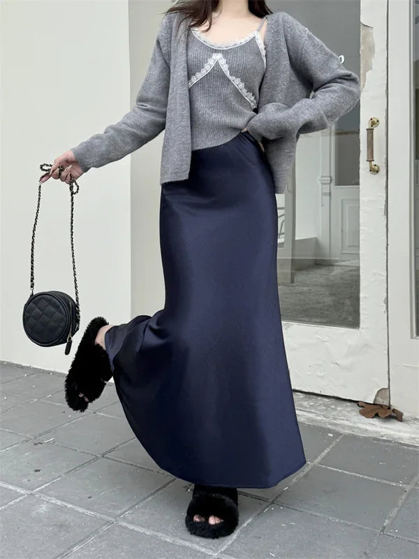 High Waist Women's Fleece-Lined Thickened Elegant Long Skirt Satin Mermaid Skirt Elegant Drapey Bodycon Skirt For Autumn Winter.
