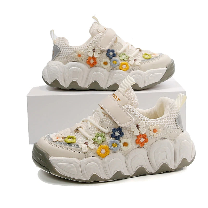 Girls Flowers Sports Shoes Children Princess Embroidered Running Shoes Air Mesh Girls Casual Sneakers Summer 2025 New.