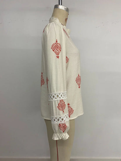 Women's Printed Casual Trendy Stand Collar Single-breasted Loose Shirts European New Fashion Female Ethnic Clothes Tops Cardigan.