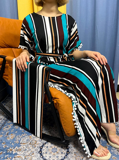 Abayas For Women 2024 Printed Vertical Stripe Tassels Elasticity Loose Fit Femme Robe African Woman Dresses With Belt Headscarf