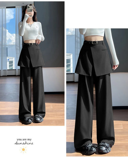 Design Style Fake Two-piece Curtain Suit Pants Women Fall High Waisted Wide Leg Trouser Office Ladies High Quality Straight Pant