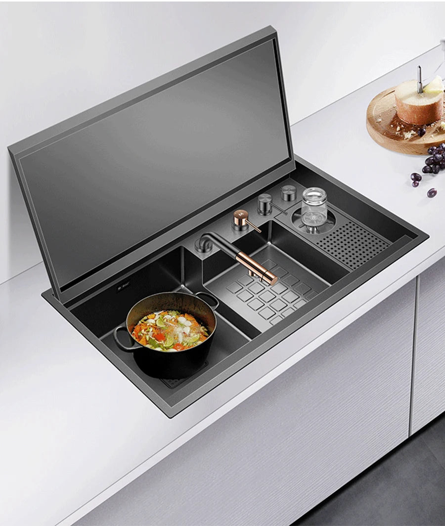 ASRAS Large Size Flip Cover Hidden Island Kitchen Sink 304 Stainless Steel 4mm Thickness Handmade Stepped Sink Cup Rinser Sinks