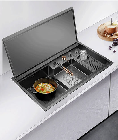 ASRAS Nanometer Black Flip Cover Hidden kitchen Sink 304 Stainless Steel 4mm Thickness Handmade Stepped Sinks Cup Rinser Sinks