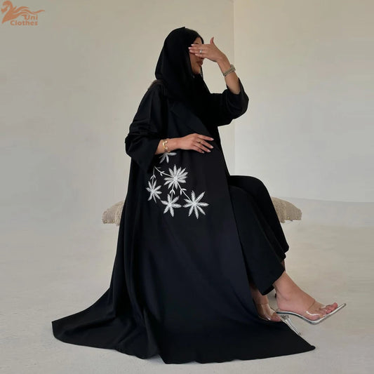 Ramadan Eid Black Open Muslim Dress Kimono Abaya Damen Dubai Luxury Islam Women Clothing Kebaya Kaftan Robe Femme Musulman Gown.