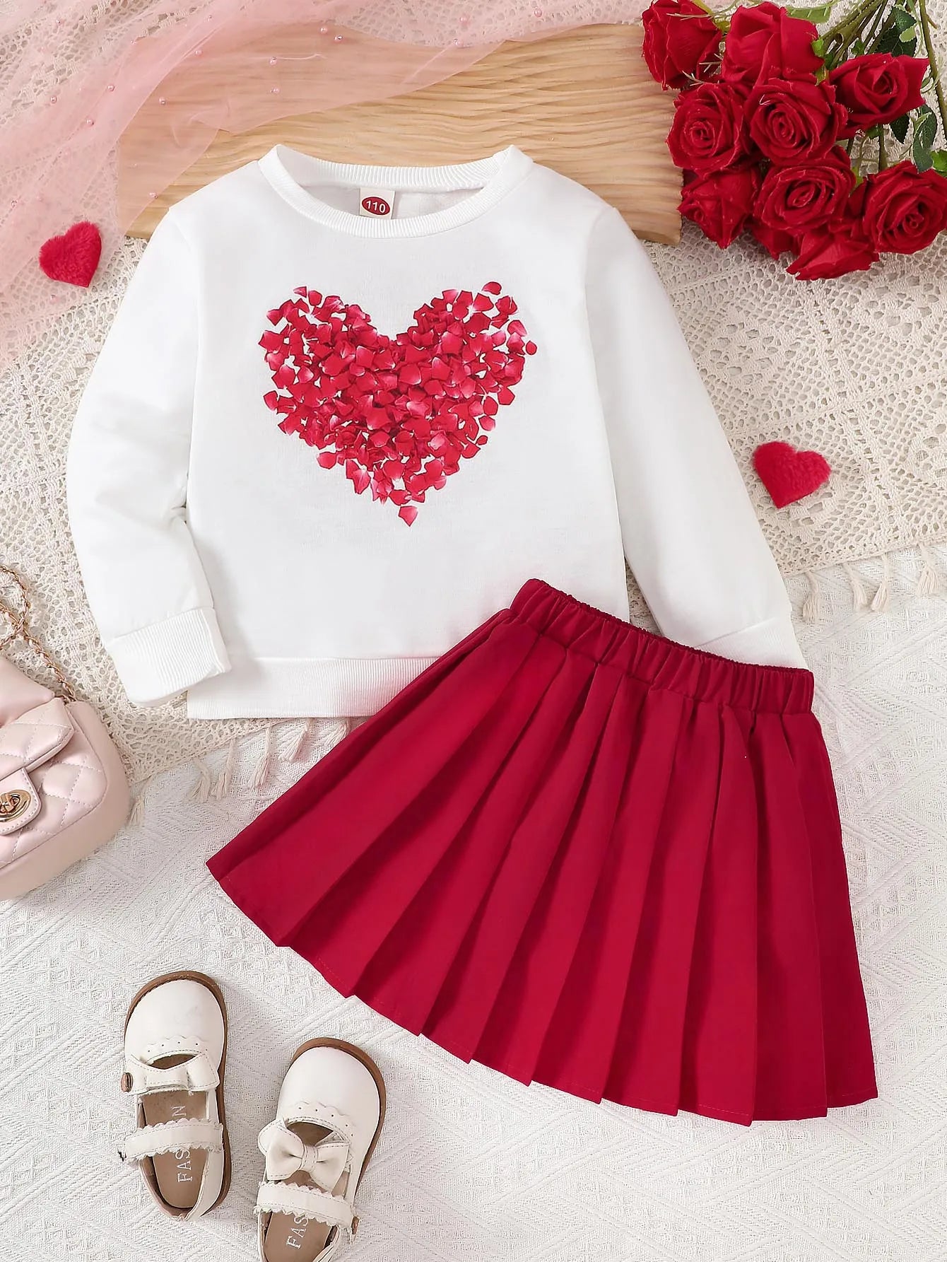 Spring 3-10y Kids Girls Clothes Heart Printing Tops Pleated Skirt 2pcs Sets Children's Outdoor Daily Wear Valentine's Day Gift.