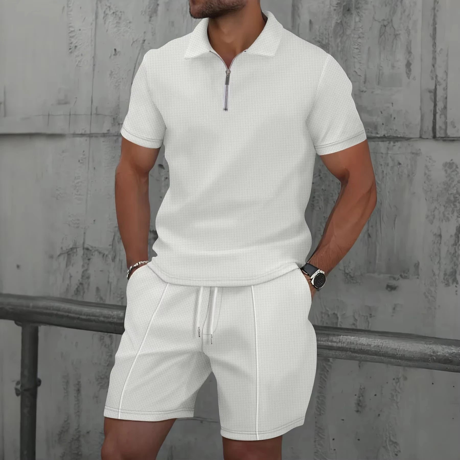 Men's Sportswear set, men's Zipper Polo Shirt set, 3D Printed Casual Zipper Polo Shirt + Shorts 2-piece Business Sportswear Set.