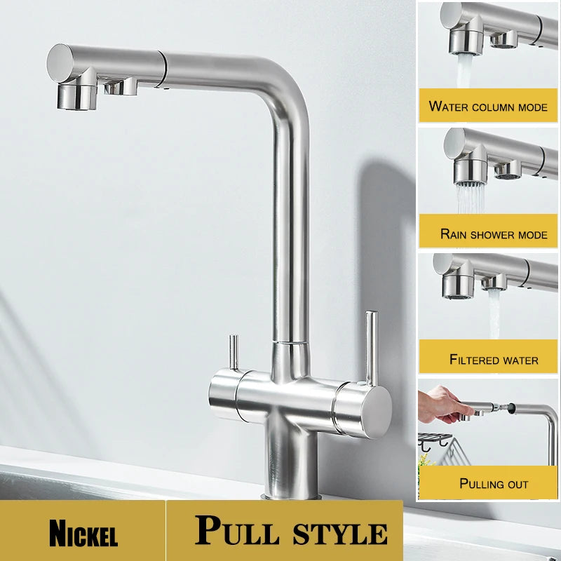 Pulling Filter Kitchen Faucet Hot & Cold Water Mixer Dual Mode Filtration Purification Kitchen Sinks 360 Rotation