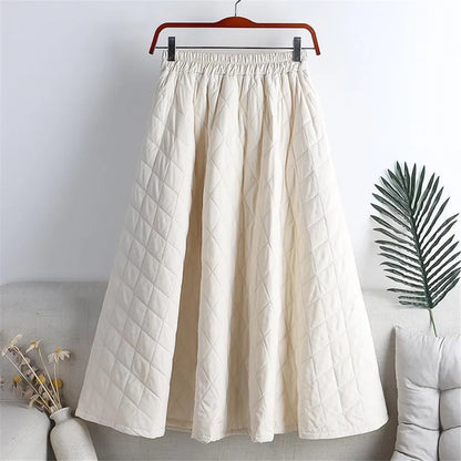 Autumn Winter Cotton Quilted Skirt Warm Womens A-line Faldas Vintage Thicken High Waist Saias Korean Fashion Knee-length Skirts