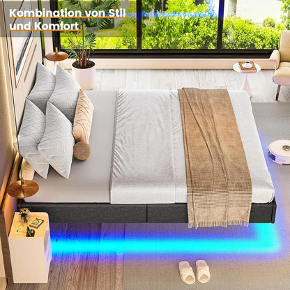 140 x 200 Lattenrost aus Holz mit LED-Beleuchtung, Plüsch, 140 x 200 cm, gepolstertes Bett, graues Leinen-Kopfteil, Schlafzimmermöbel