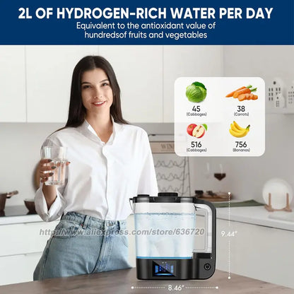 W102 Hydrogen Water Bottle Generator 64 Ounces Hydrogen Water Ionizer Pitcher Generator Machine with PEM Concentrator Technology.