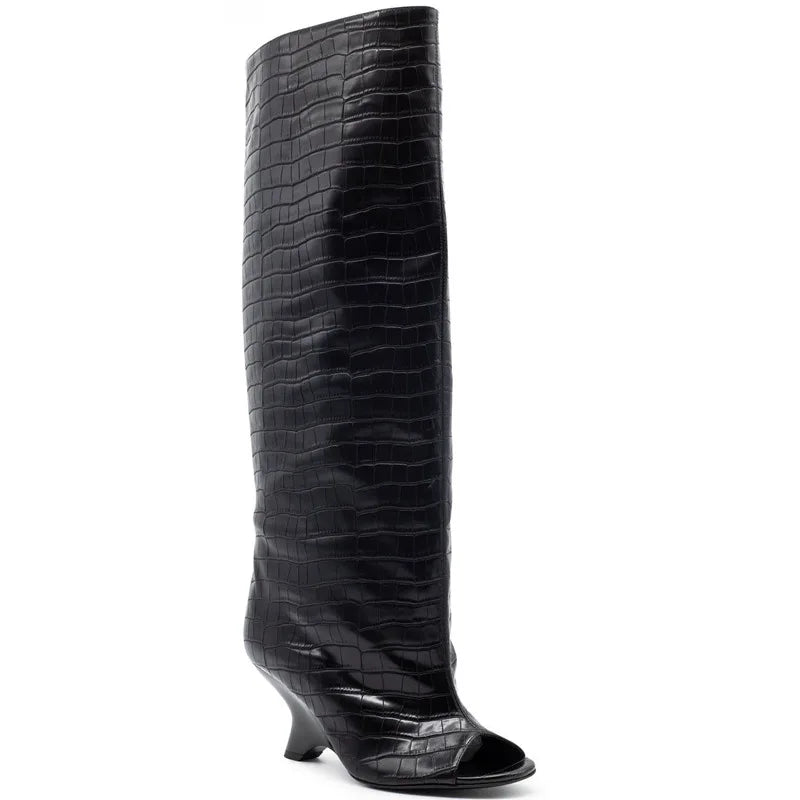 2025 New Peep Toe Long Boots Summer Thick High Heels Women's Knee Boots Large Size Shoes Ladies Slip-on Strange Heels Cool Boots.