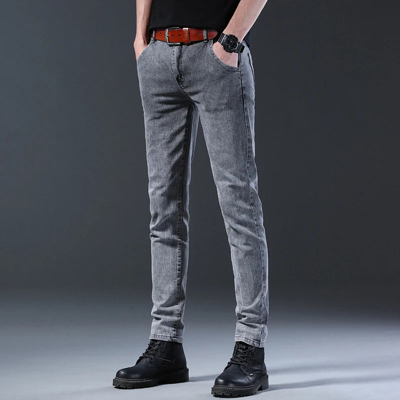 New style jeans, men's slim fit, Korean style comfortable straight leg elastic gray mid waist pants, men's casual denim pants.