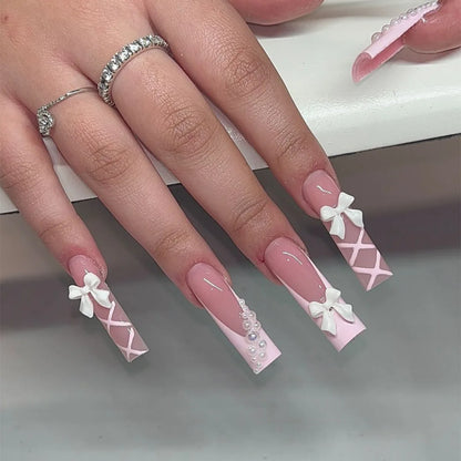 24Pcs Ballet Square Pink Press on Bow Nails 3D Flower with Bandage Design French Nail Tips for Women&Girls Daily,Spring wear