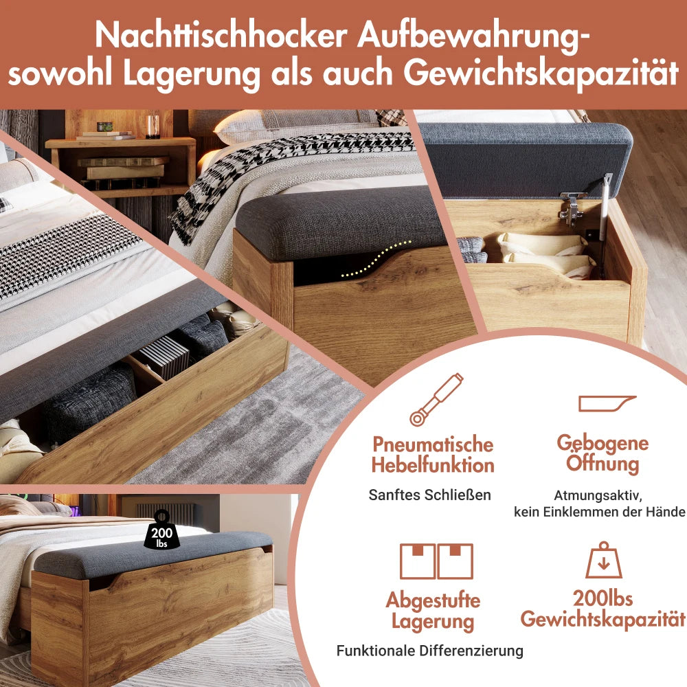 Bett mit gepolstertem Bettsystem mit Leselampe und USB-C-Nachttisch und Sitzbank mit Stauraum (ohne Matratze)