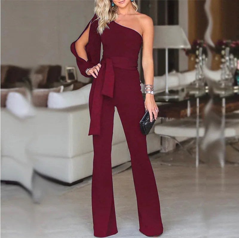 Temperament Solid Color Slim Jumpsuits Women Sexy Off Shoulder Slant Collar High Waist Leace-up Bodycon Jumpsuit Streetwear 2024