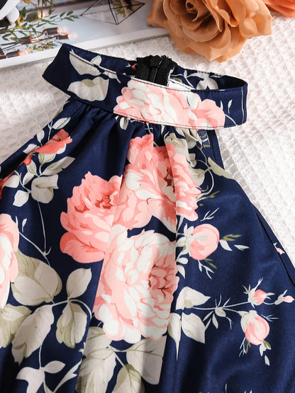 Spring and summer girls fashion outdoor leisure vacation 2-piece pink suit + loose halter high waist one-piece pants dress set.