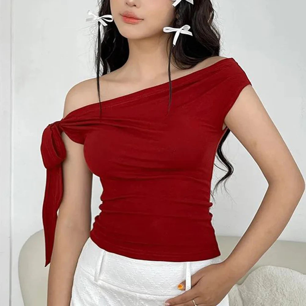 Vacation Styles One-Shoulder Cropped Top Womens Slim Fit Women One Shoulder Top Applicable For Vacation Solid Color Pattern.