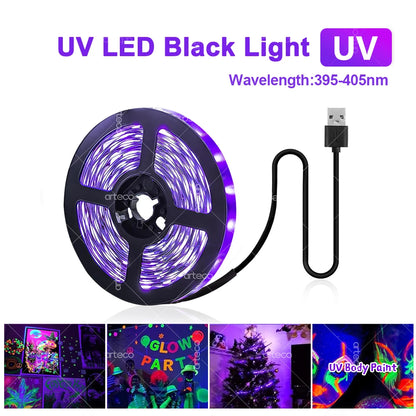 USB UV LED Strip Light Glow in Dark Led Blacklight 385-400nm Ultraviolet UV Lamp For Halloween Fluorescence Party Neon Posters.