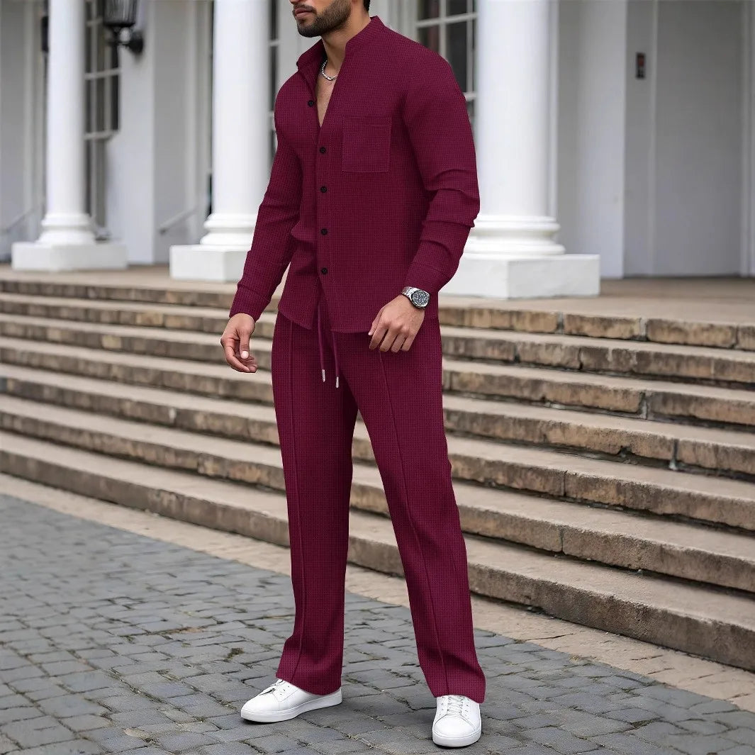 New autumn men's suit, waffle plain-colored long-sleevedshirt with pocket cardigan, stylish men's casual clothing long pants set.