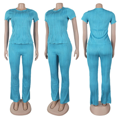 Two Piece Sets Women Pants Set Matching Sets Short Sleeve Solid Casual Tops Long Pants High Waist Bodycon Y2k Streetwear 2025