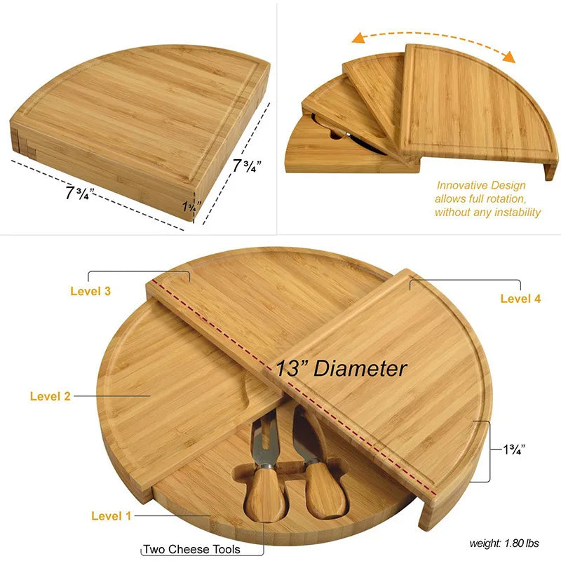 Bamboo Cheese Plate Cutting Board Pull-Out Scalloped Deli Board Assortment Snack Platter.