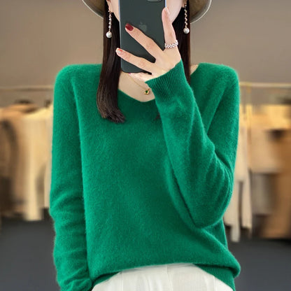 2024 100% Merino Reine Wolle V-ausschnitt Herbst Und Winter Pullover Pullover Neue Kaschmir Pullover frauen Beiläufige Gestrickte Top DMR201