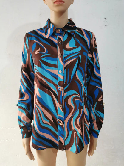 Blue Women's Long-sleeved Shirt, Single-breasted Collar Commuter Shirts, White and Black Slim-fit Top