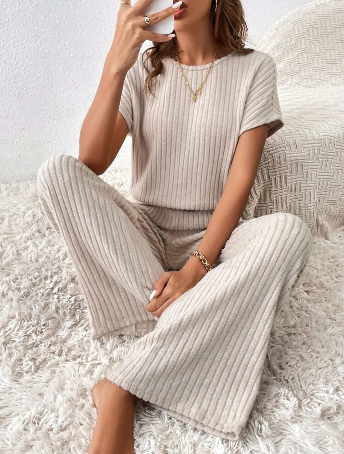 Two Piece Pant Sets Women Straight Pants Tops Pullover Short Sleeve Round Neck Spliced Top Solid Casual Streetwear Summer