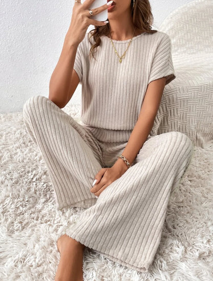 Two Piece Pant Sets Women Straight Pants Tops Pullover Short Sleeve Round Neck Spliced Top Solid Casual Streetwear Summer