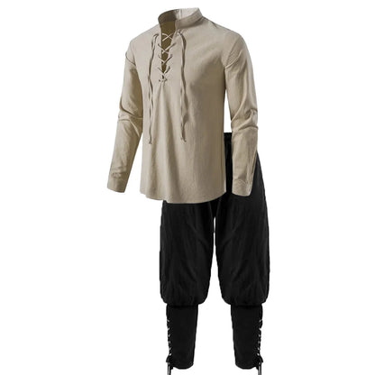 2-teiliges mittelalterliches Ritter-Kostüm-Set für Herren, Renaissance-Cosplay-Piratenhemden, Knöchelband-Hosen für Halloween, Baumwoll-Leinen-Stoff.