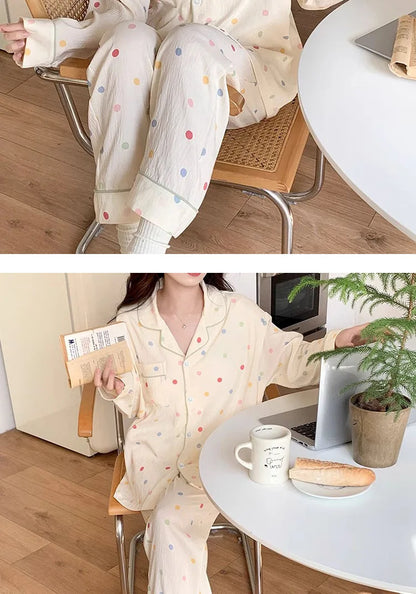 Koreanische Farbige Wavelet Dot Nachtwäsche frauen Herbst Lange Ärmeln Set Kleine Frische Hause Kleidung Lose Internationale Student Pyjama.