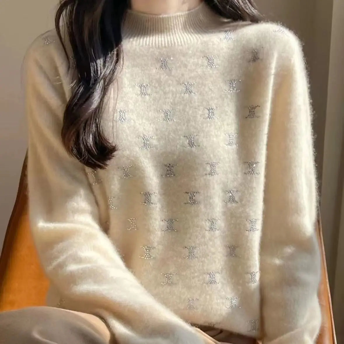 Temperament Fashion Autumn Winter New Sweaters Women Turtleneck Diamonds Long Sleeve Loose Pullovers Bottoming Shirt Knitted Top