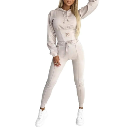 Casual Solid Color Hooded Slim Long-sleeved Top And Wide-sleeved Pants Suit Women 2025 Spring Top Lace-up Pants Suit For Women.