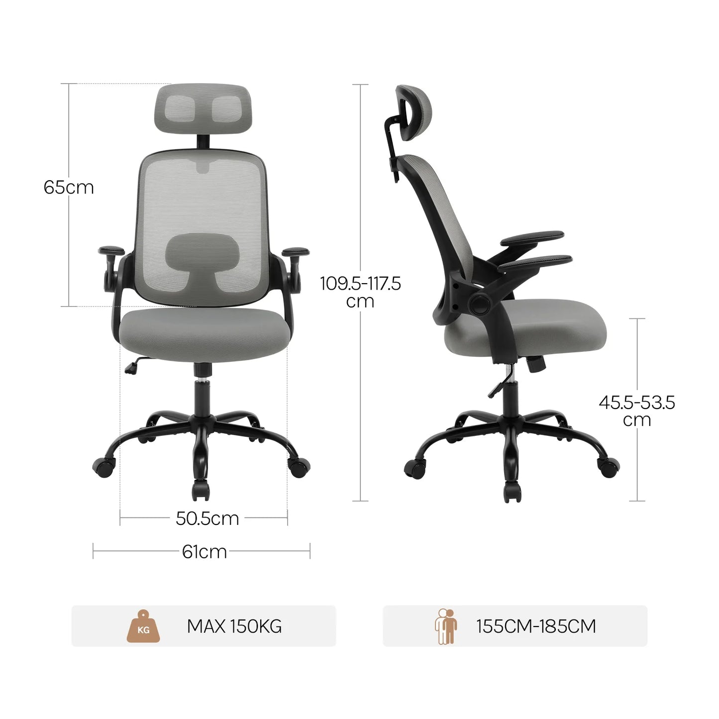 Ergonomischer Büro-Computer-PC-Schreibtischstuhl, drehbarer Netzstuhl mit Rollen, verstellbare Kopfstütze, Lordosenstütze, Heimarbeitsstuhl