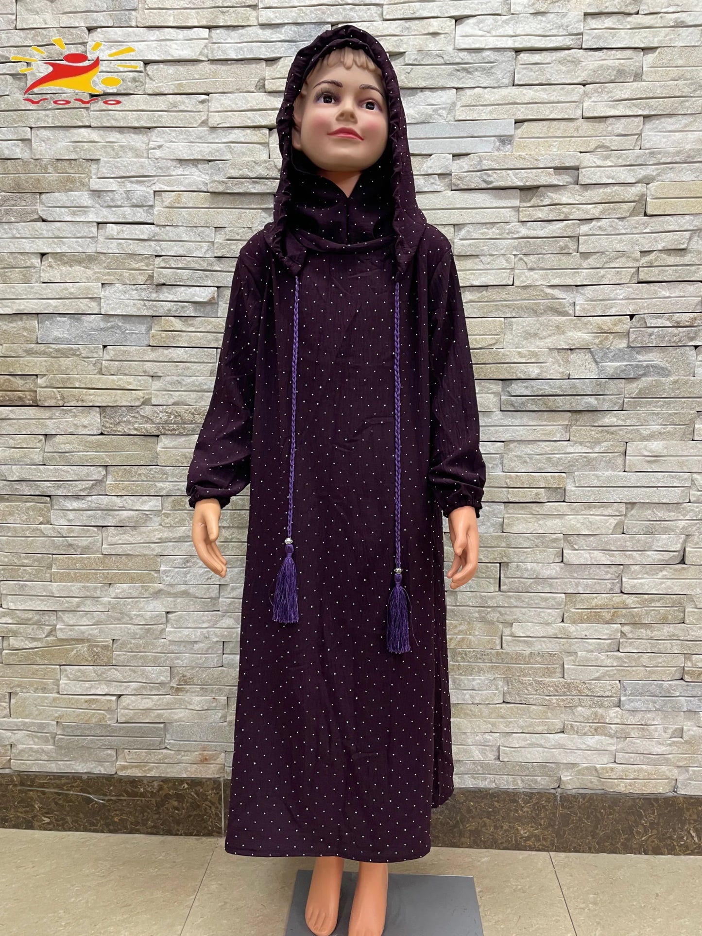Kids Cotton Islamic Dress Full Cover Robe for Muslim Girls with Two-Hat Turkey Diamond Abaya New Eid Ramadan Prayer Garment.