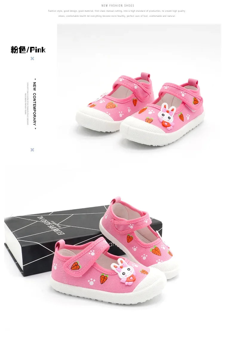 JGSHOWKITO Girls Canvas Shoes Soft Sports Shoes Kids Running Sneakers Candy  With Cartoon Rabbit Carrots Prints Children.