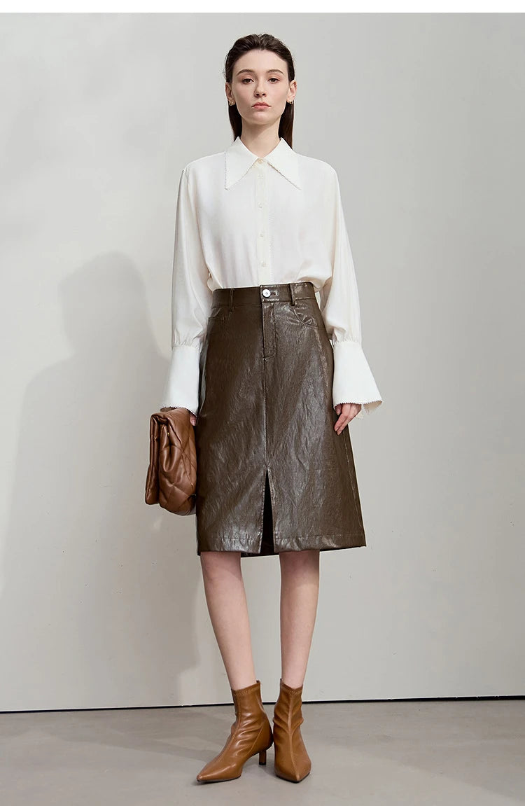 AMII Minimalist PU Leather Skirt For Women 2025 American Retro Knee-Length Skirt Solid Basics Business Women's Clothing 12553014